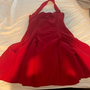 Red halter pleaded dress